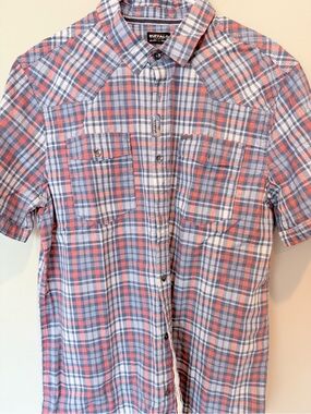 Buffalo David Bitton Short-Sleeve Plaid Button-Down in Blue, Coral & White